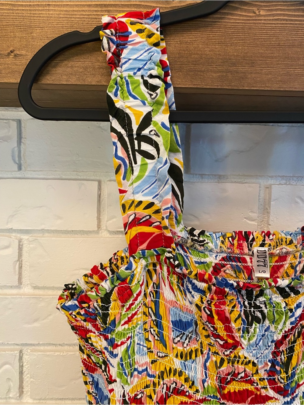 DD77 Tropical Print Smocked Tiered Pockets Maxi Dress Size Large Boho Resort - Picture 7 of 12